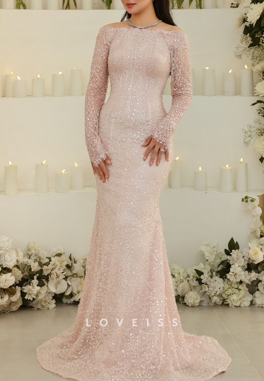 Off-Shoulder Sequins Appliques Long Sleeves Mermaid Evening Dress