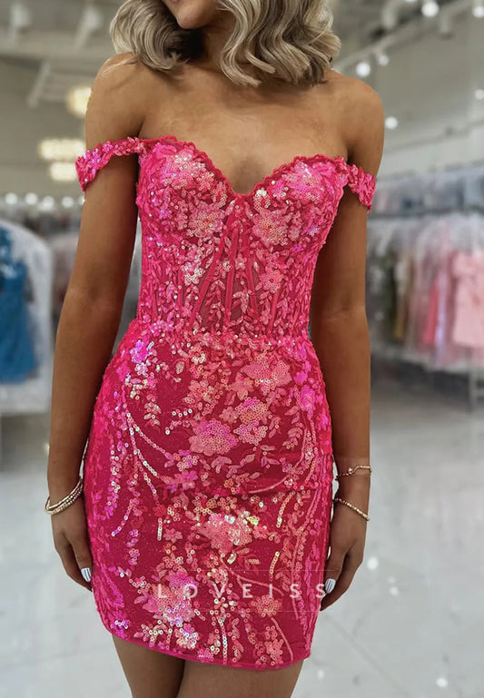 Off-Shoulder Sequins Appliques Sheath Fitted Party Homecoming Dress