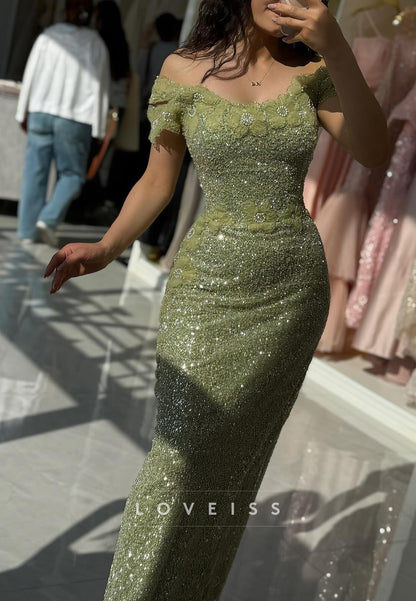 Off-Shoulder Sequins Appliques Sparkly Mermaid Evening Dress