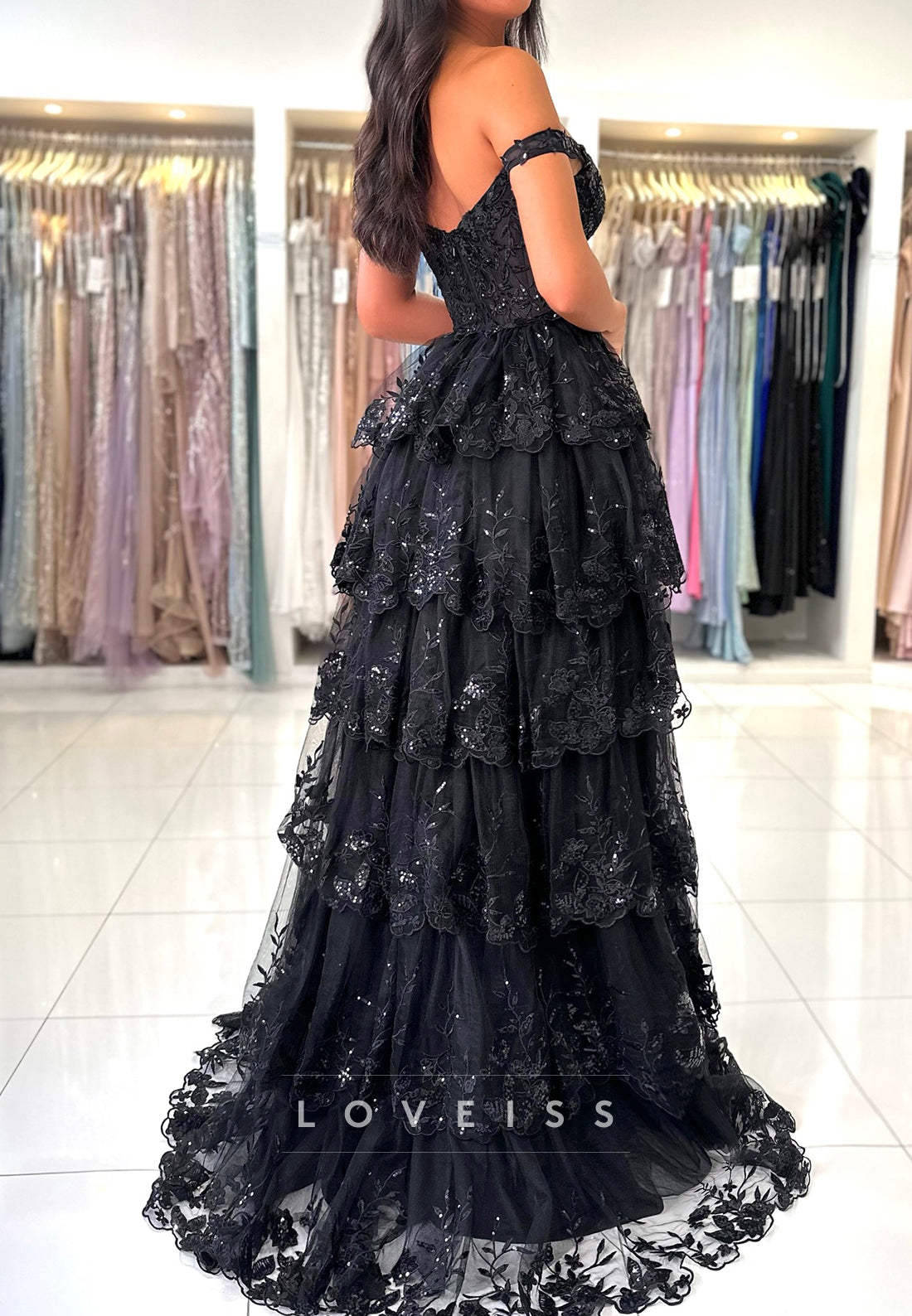 Off-Shoulder Sequins Appliques Tiered A-Line Prom Dress