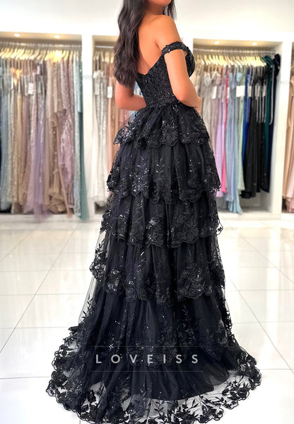 Off-Shoulder Sequins Appliques Tiered A-Line Prom Dress