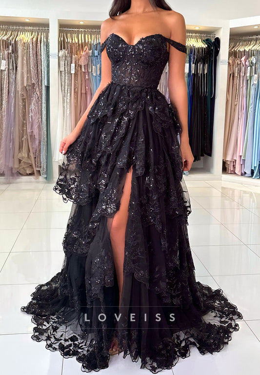 Off-Shoulder Sequins Appliques Tiered A-Line Prom Dress