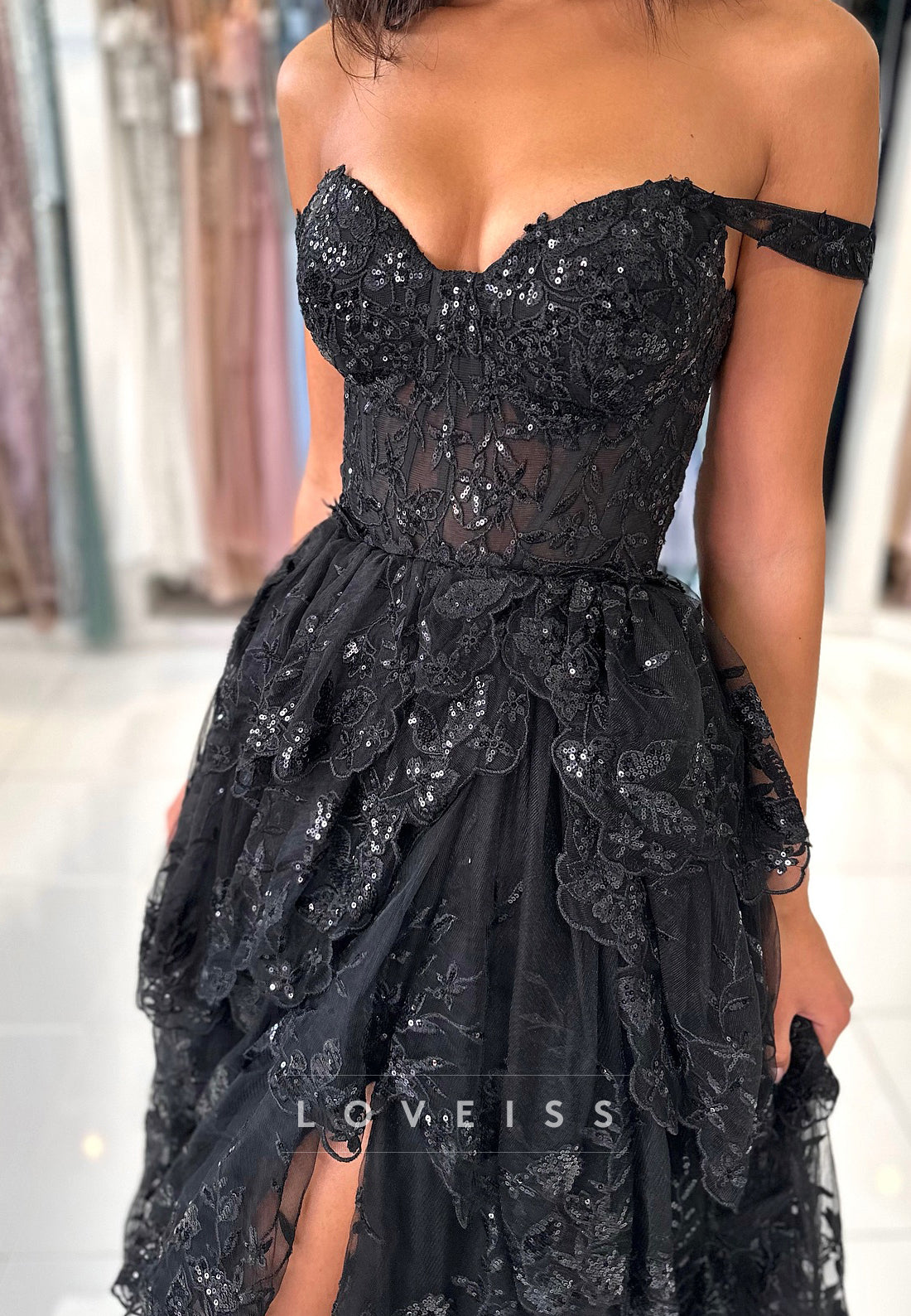 Off-Shoulder Sequins Appliques Tiered A-Line Prom Dress