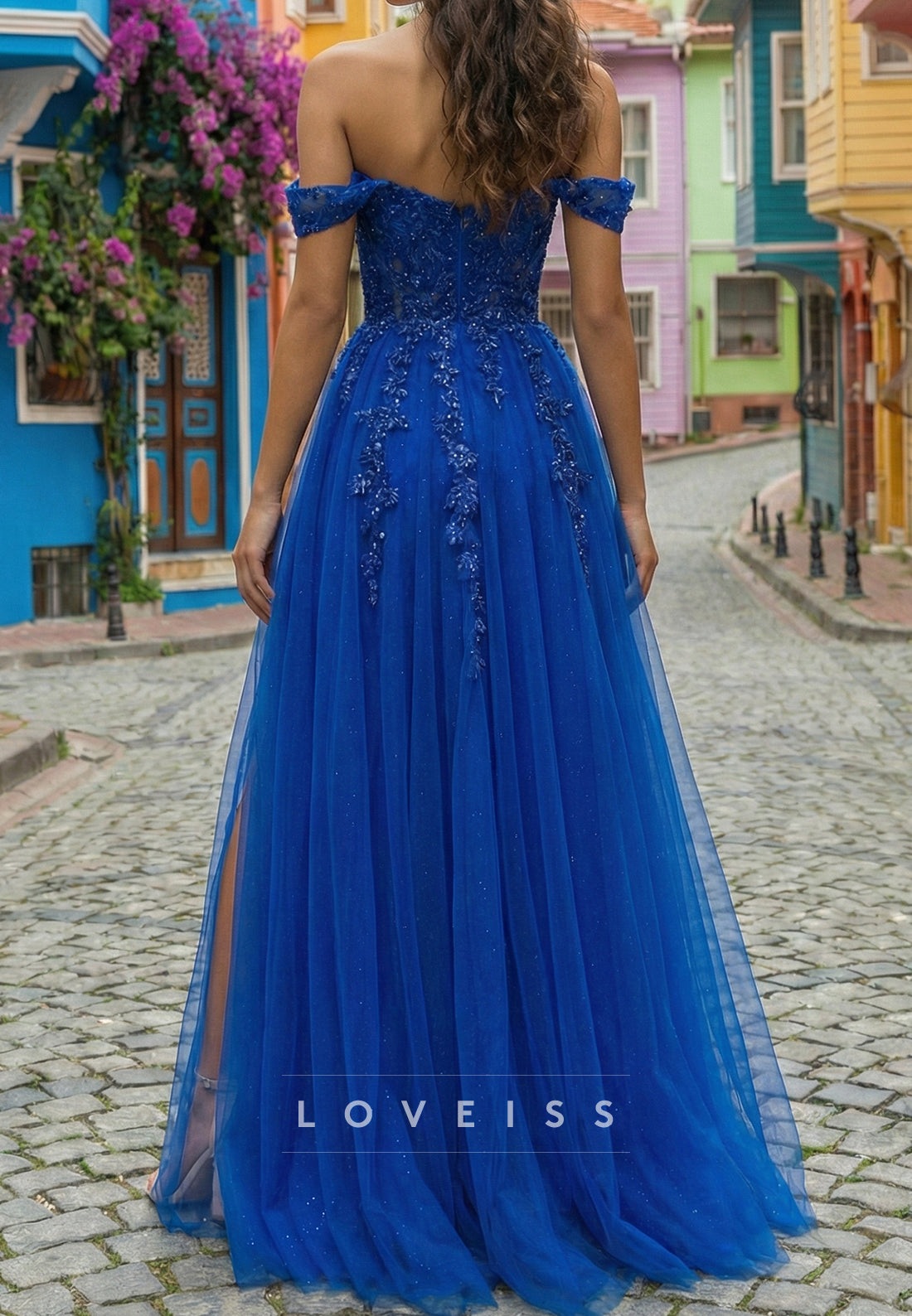 Off-Shoulder Sequins Appliques Tulle A-Line Prom Dress