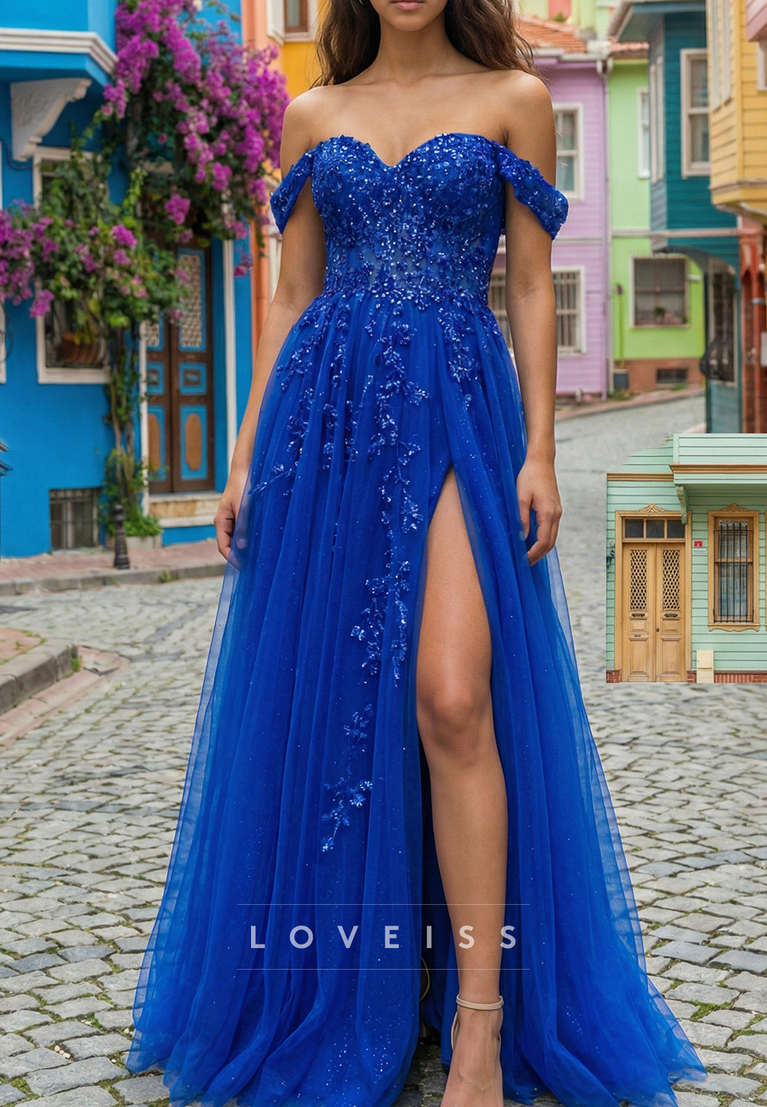 Off-Shoulder Sequins Appliques Tulle A-Line Prom Dress
