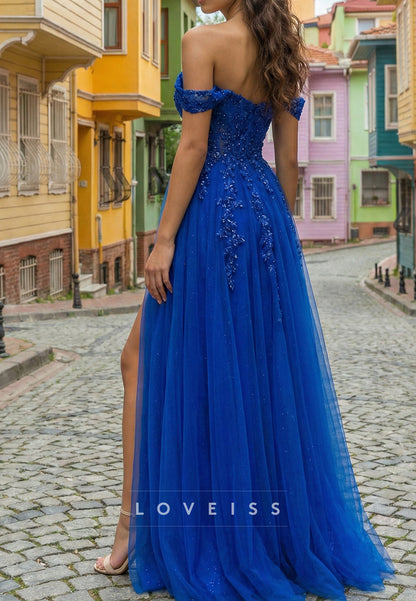 Off-Shoulder Sequins Appliques Tulle A-Line Prom Dress