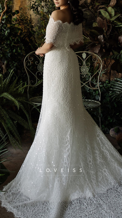 Off-Shoulder Sequins Lace Appliques Mermaid Wedding Dress