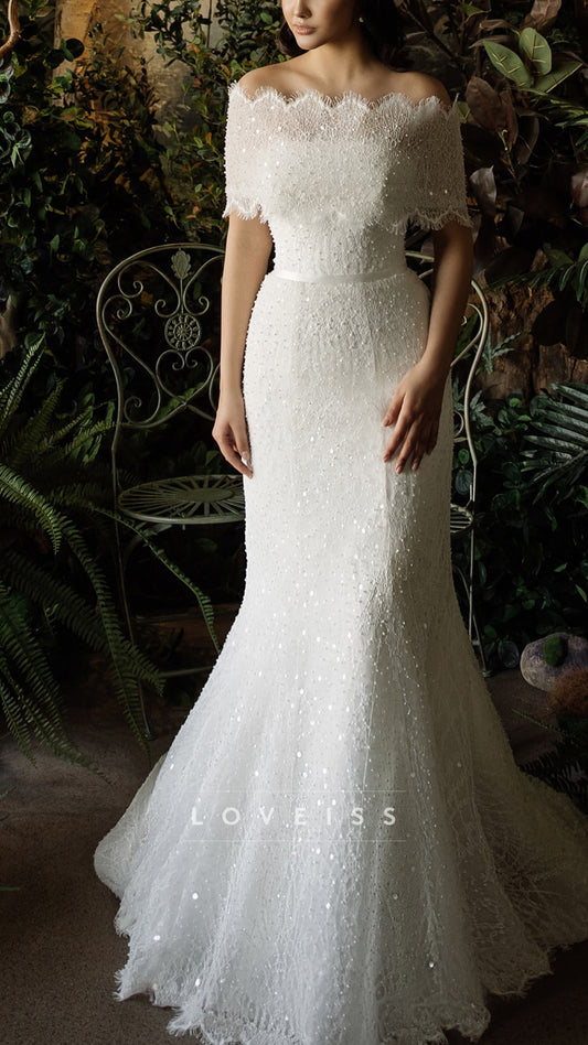 Off-Shoulder Sequins Lace Appliques Mermaid Wedding Dress