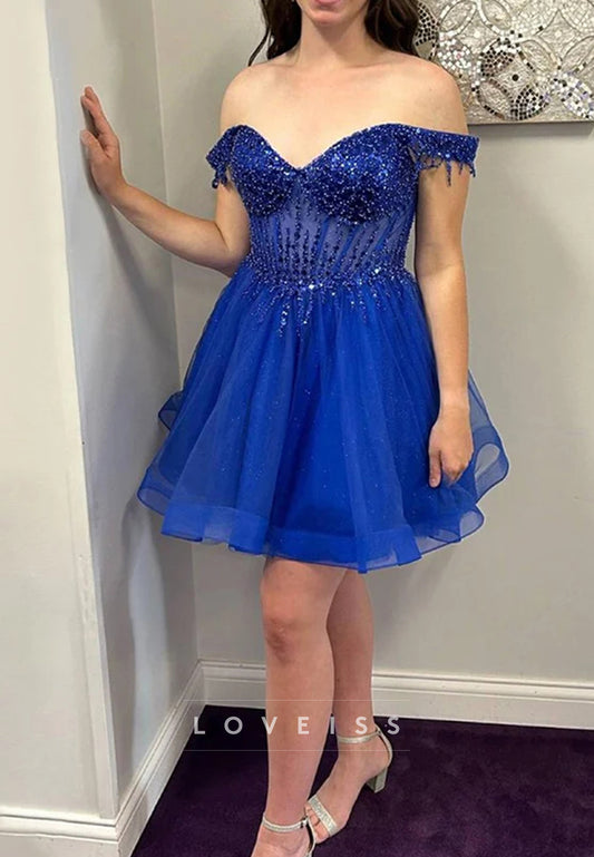 Off-Shoulder Sequins Tulle A-Line Party Homecoming Dress