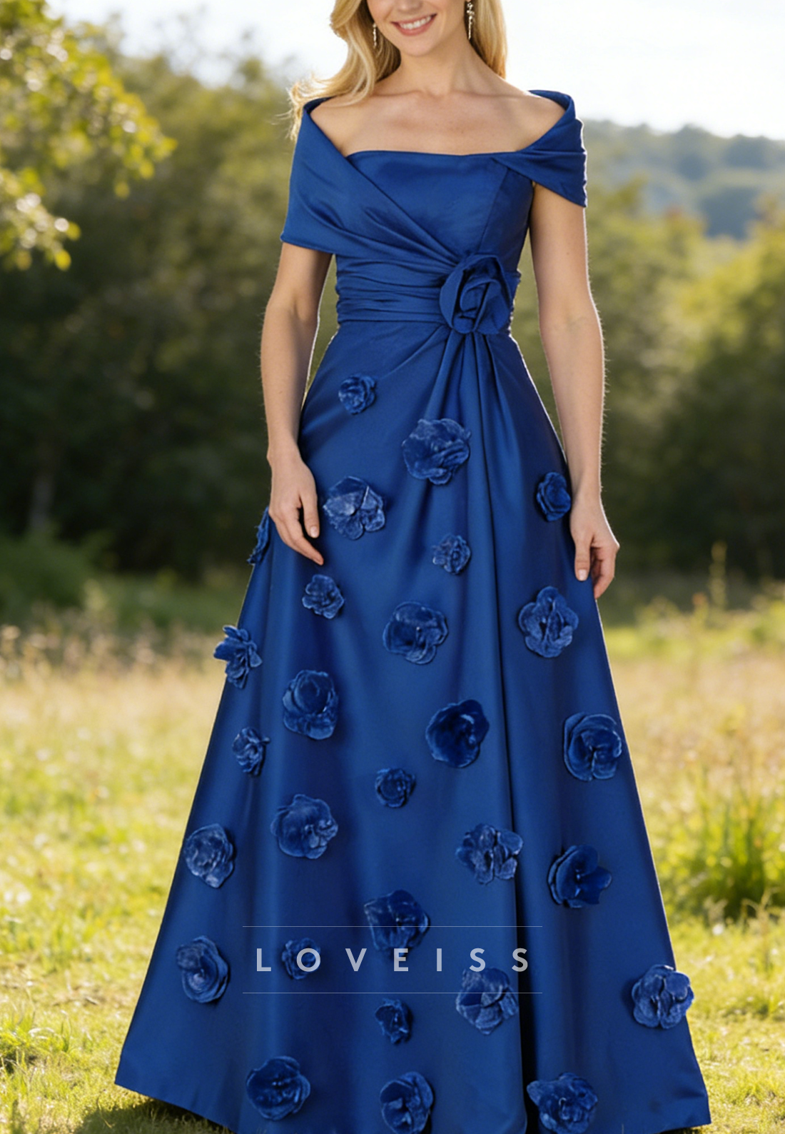 Off-Shoulder Short Sleeves Floral Embellished A-Line Evening Dress