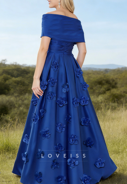 Off-Shoulder Short Sleeves Floral Embellished A-Line Evening Dress