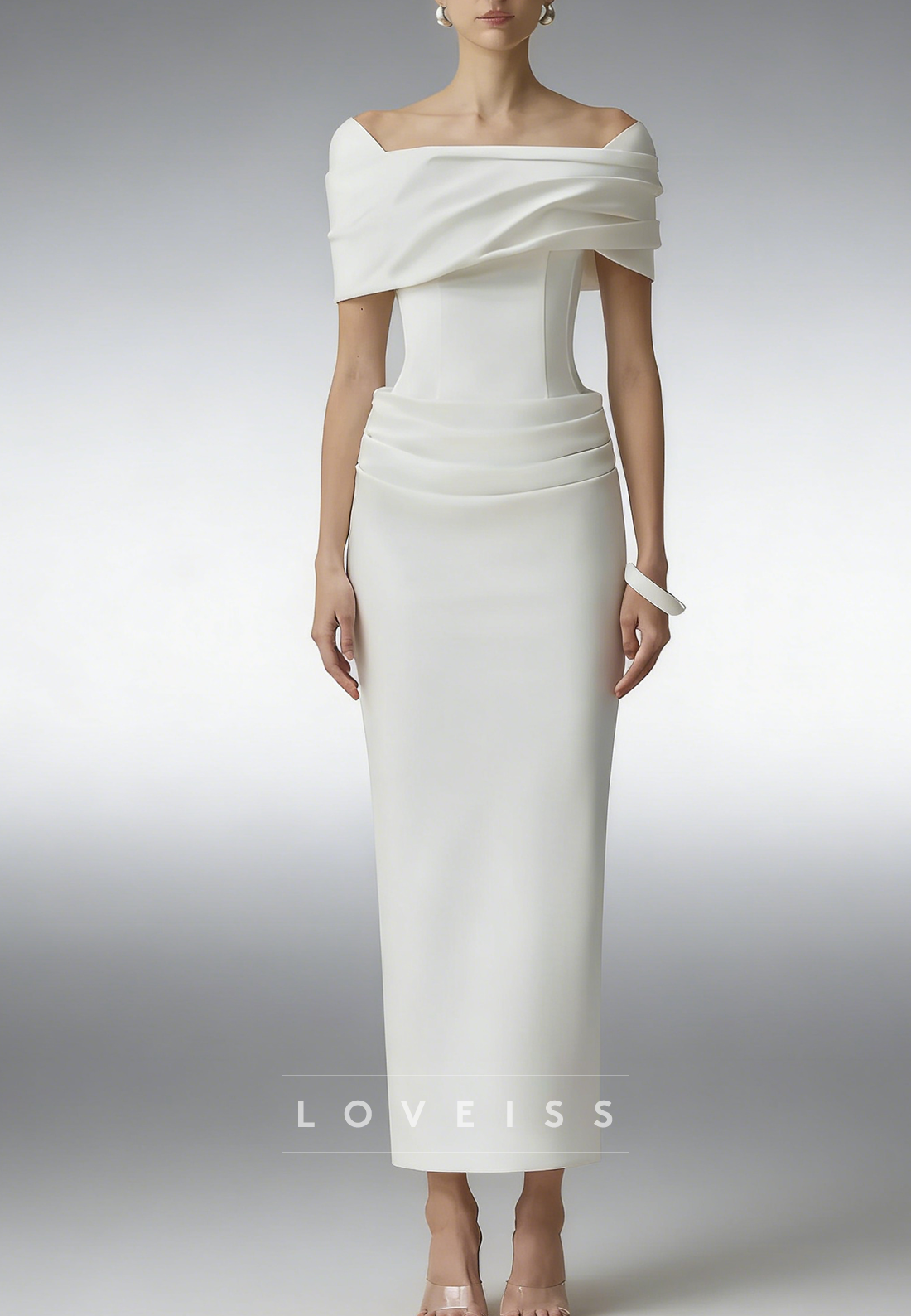 Off-Shoulder Short Sleeves Sheath Satin Wedding Dress