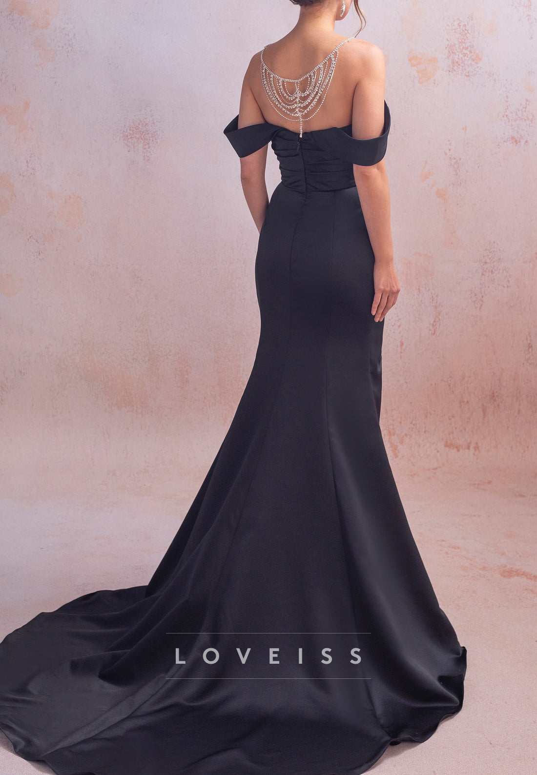 Off-Shoulder Side Slit Pleated Satin Sheath Black Wedding Dress