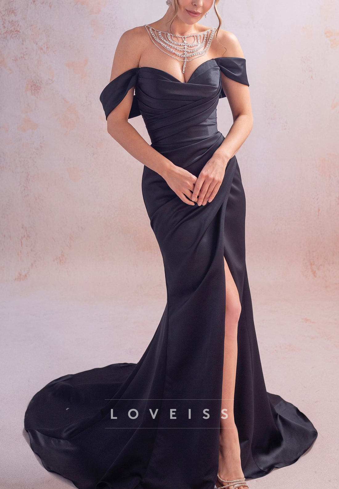 Off-Shoulder Side Slit Pleated Satin Sheath Black Wedding Dress