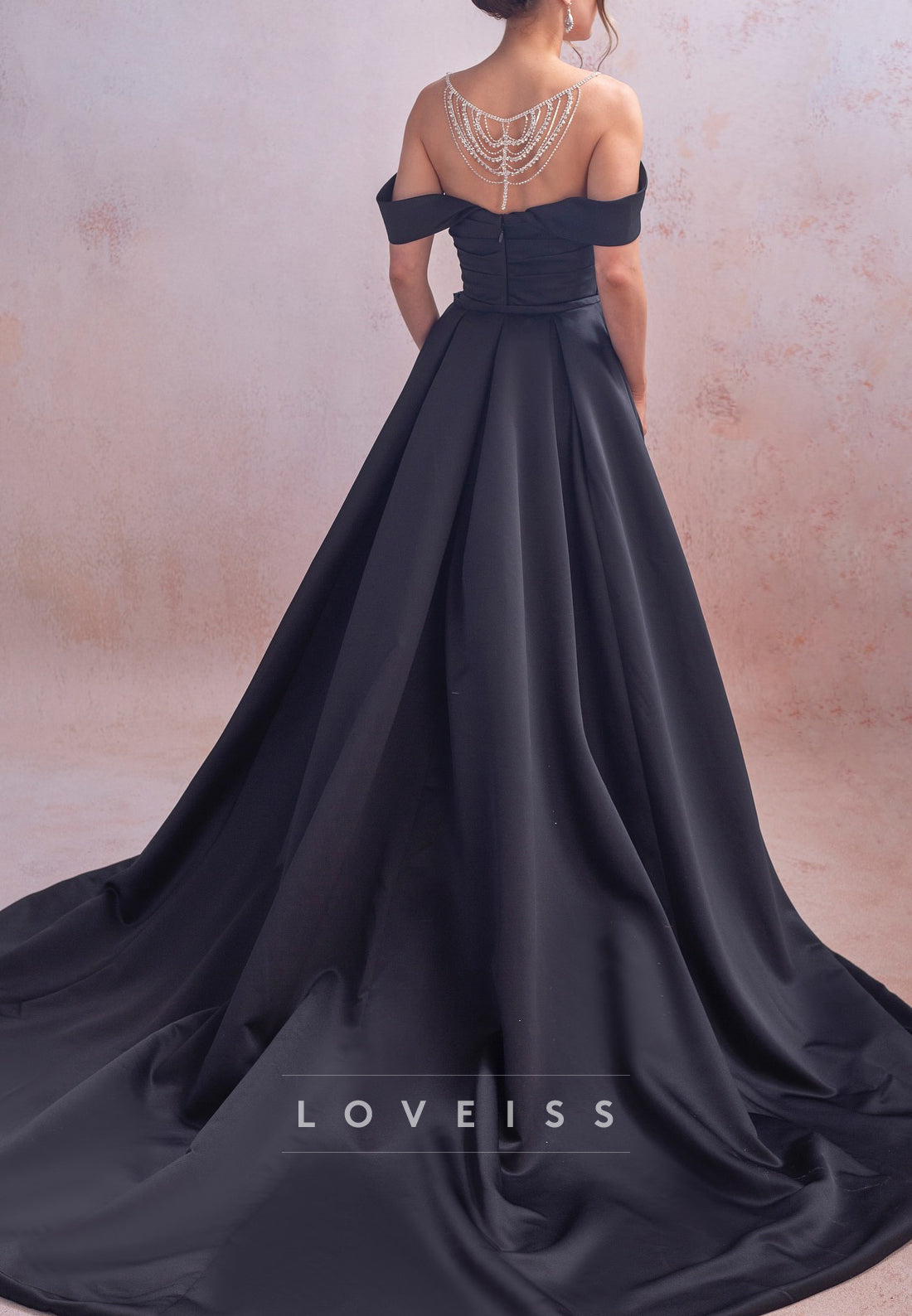 Off-Shoulder Side Slit Pleated Satin Sheath Black Wedding Dress