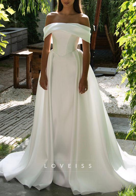 Off-Shoulder Simple Sleeveless Sheath Satin Wedding Dress