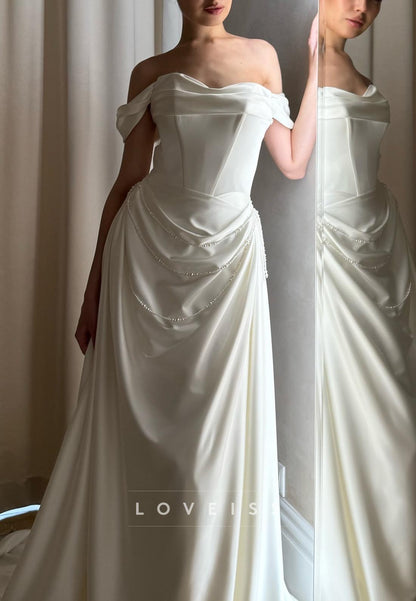 Off-Shoulder Sleek Pleated Pearl Sheath Wedding Dress
