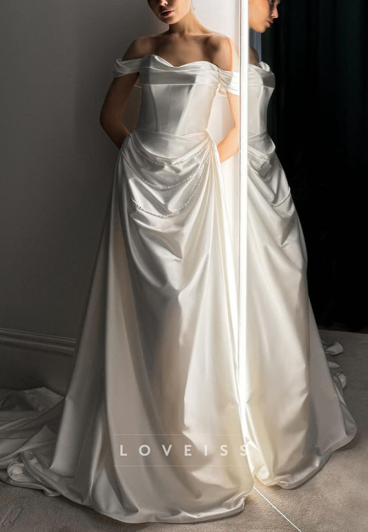 Off-Shoulder Sleek Pleated Pearl Sheath Wedding Dress