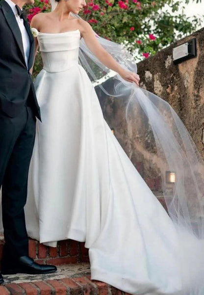 Off-Shoulder Sleek Satin Side Slit A-Line Simple Wedding Dress