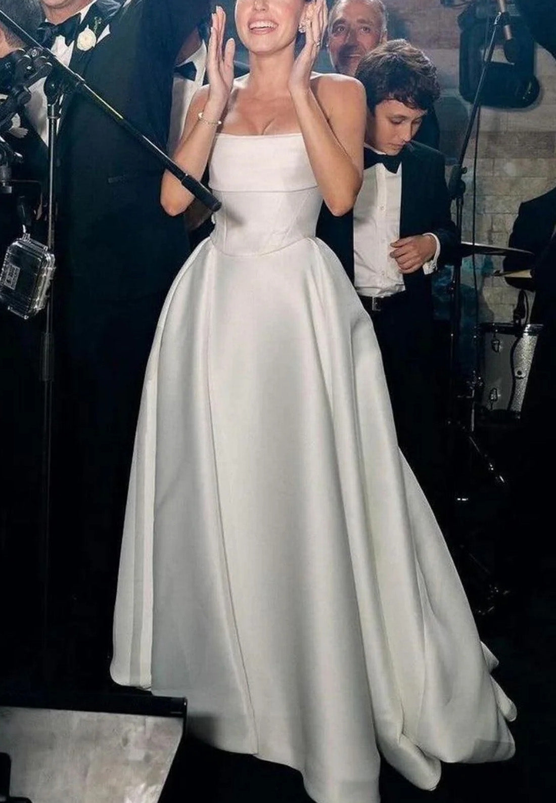 Off-Shoulder Sleek Satin Side Slit A-Line Simple Wedding Dress