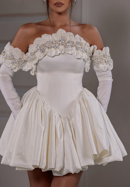 Off-Shoulder Sleeveless 3D Floral Pleated A-Line Short Wedding Dress