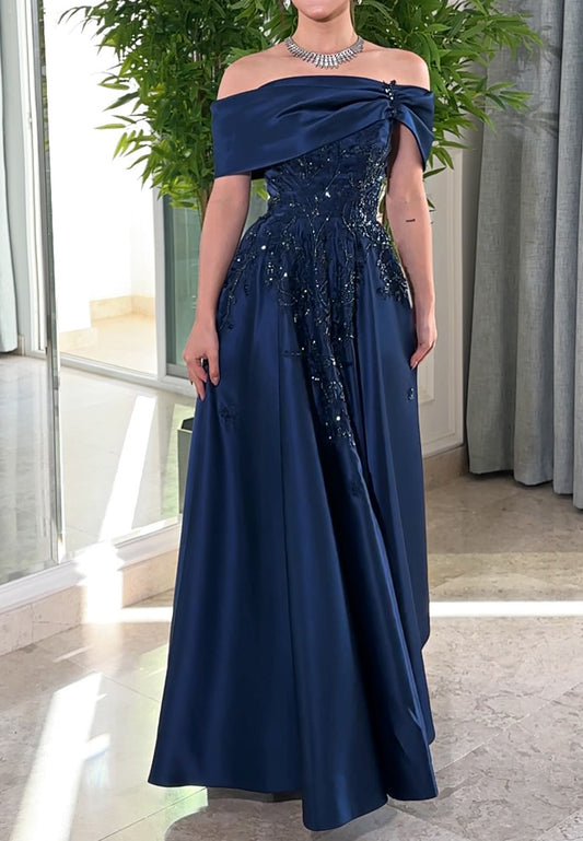 Off-Shoulder Sleeveless Appliques Evening Dress Pleated Mother of Bride Dress