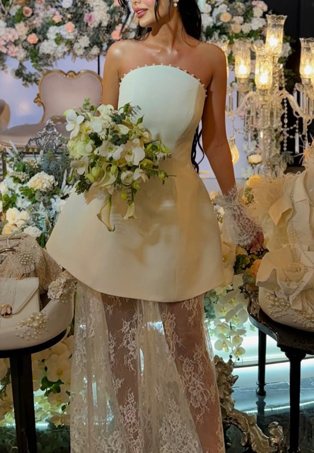 Off-Shoulder Sleeveless Appliques Pearl A-Line Wedding Dress