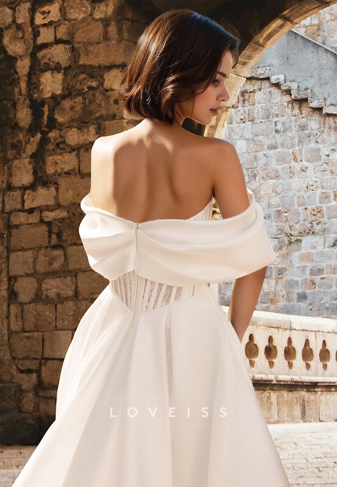 Off-Shoulder Sleeveless Appliques Pleated A-Line Wedding Dress