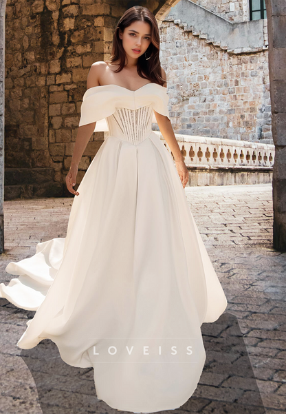 Off-Shoulder Sleeveless Appliques Pleated A-Line Wedding Dress