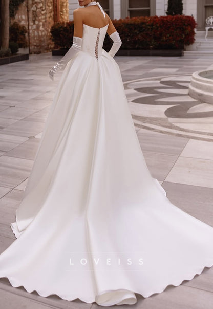Off-Shoulder Sleeveless Appliques Satin A-Line Wedding Dress