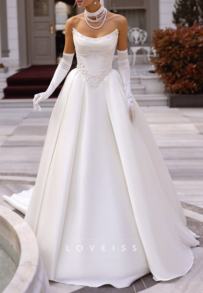 Off-Shoulder Sleeveless Appliques Satin A-Line Wedding Dress