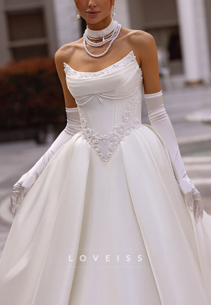 Off-Shoulder Sleeveless Appliques Satin A-Line Wedding Dress