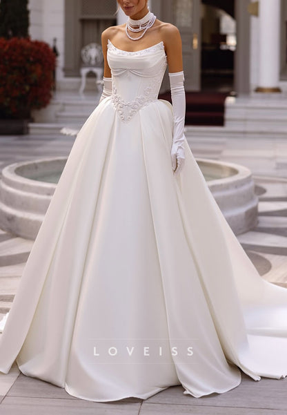 Off-Shoulder Sleeveless Appliques Satin A-Line Wedding Dress
