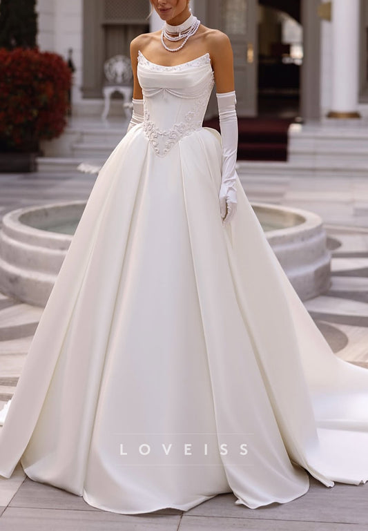 Off-Shoulder Sleeveless Appliques Satin A-Line Wedding Dress