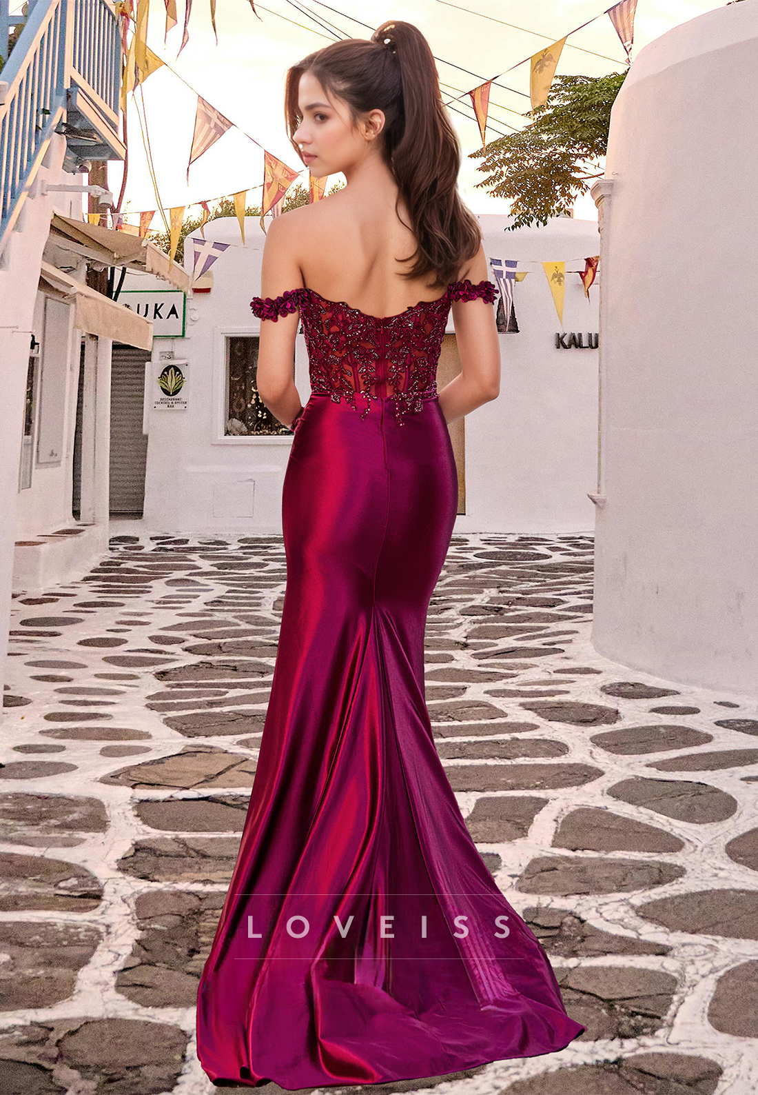 Off-Shoulder Sleeveless Appliques Side Slit Sheath Prom Dress