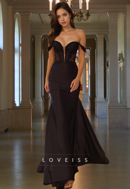 Off-Shoulder Sleeveless Appliques Sleek Mermaid Prom Dress