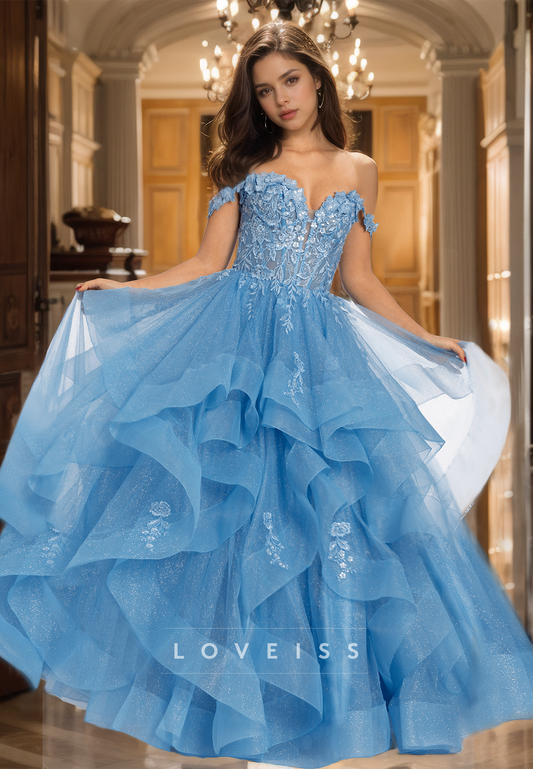 Off-Shoulder Sleeveless Appliques Tiered Ball Gown Prom Dress