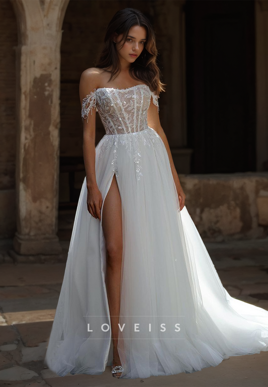 Off-Shoulder Sleeveless Appliques Tulle Ball Gown Wedding Dress