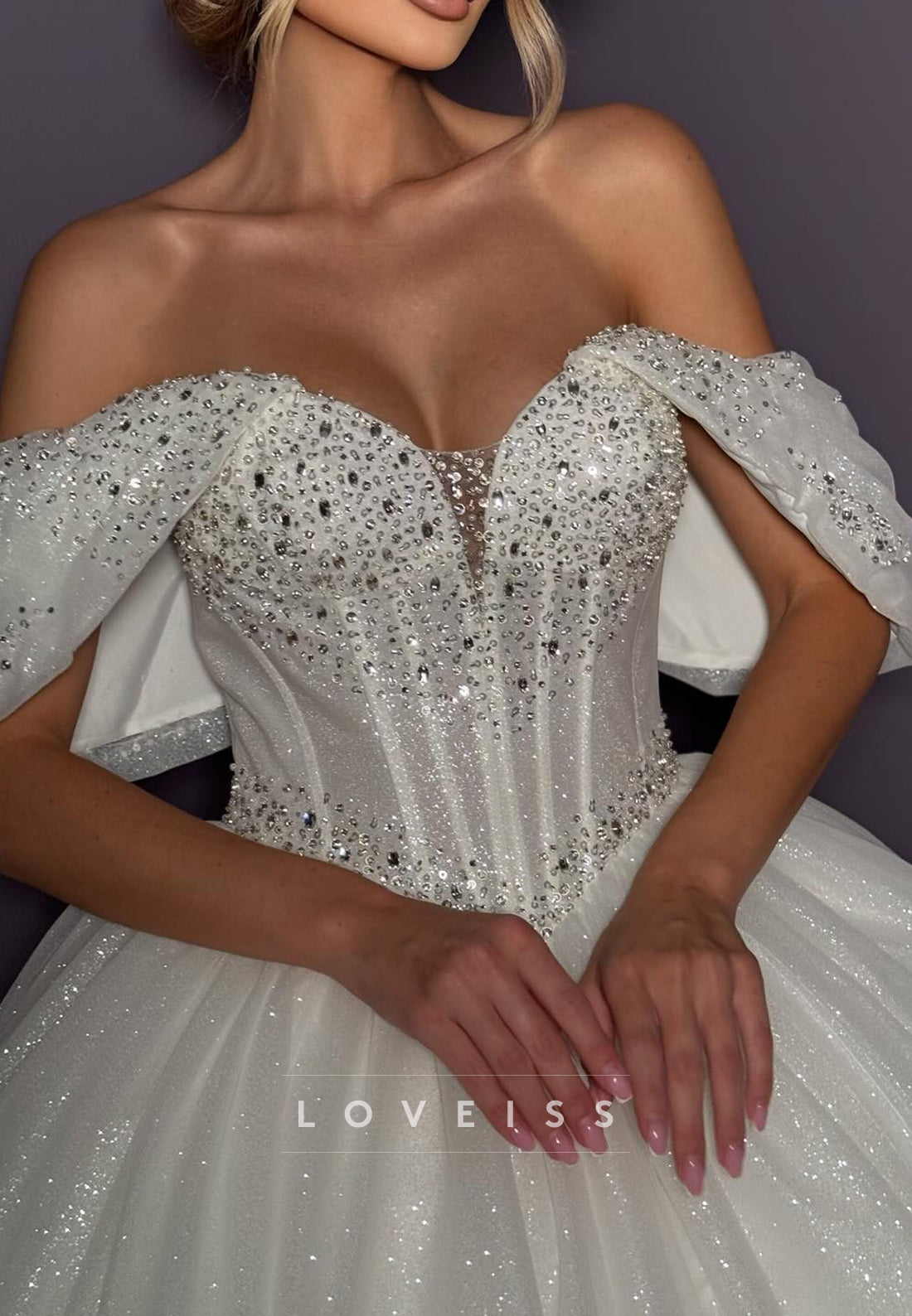 Off-Shoulder Sleeveless Beaded Ball Gown Wedding Dress