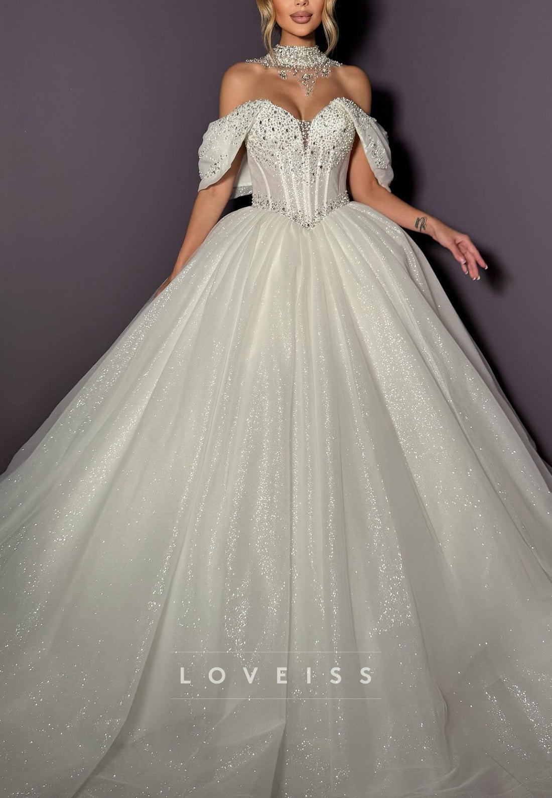 Off-Shoulder Sleeveless Beaded Ball Gown Wedding Dress