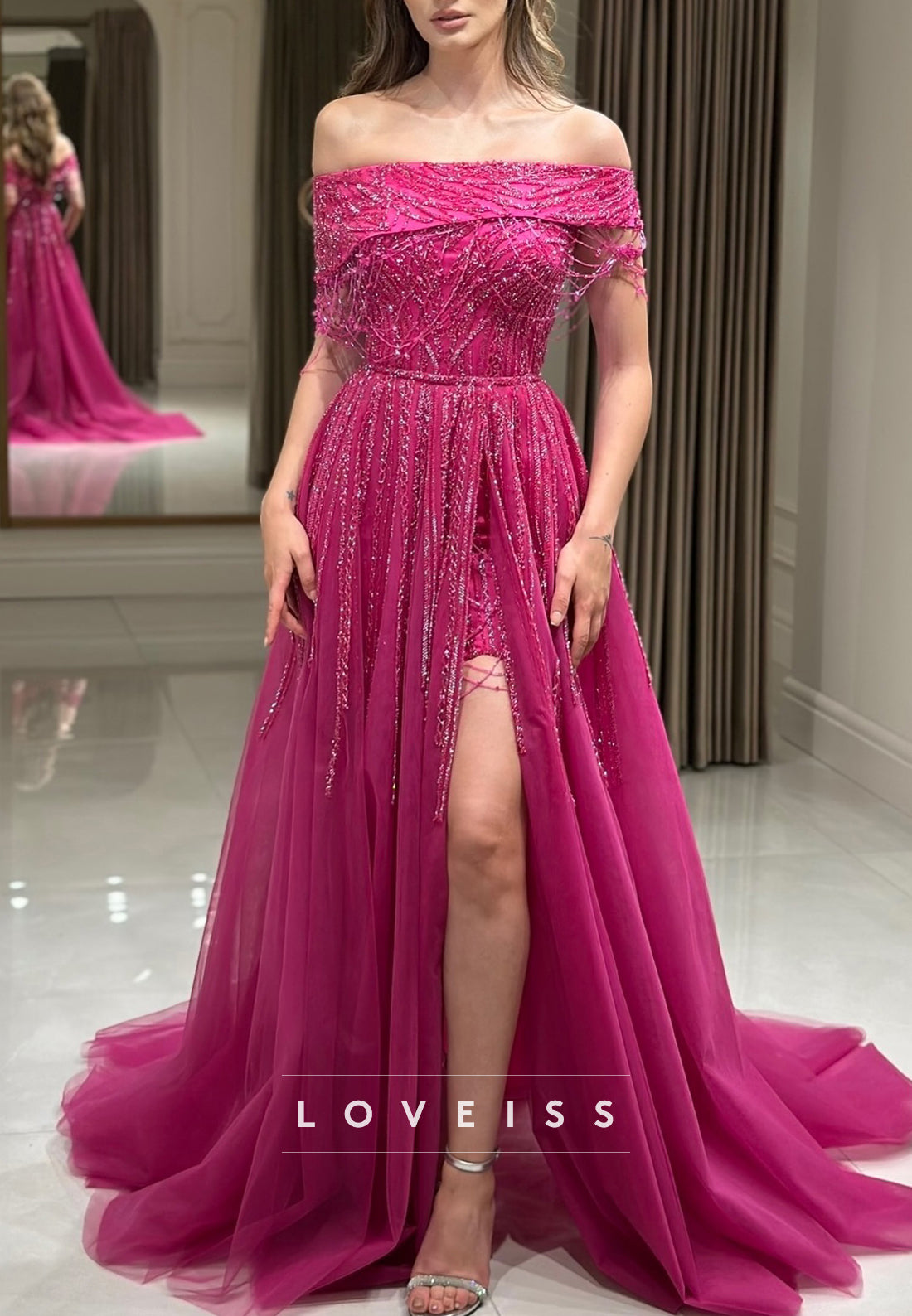 Off-Shoulder Sleeveless Beaded Embroidery Sparkly A-Line Evening Dress