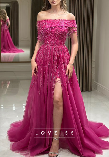 Off-Shoulder Sleeveless Beaded Embroidery Sparkly A-Line Evening Dress