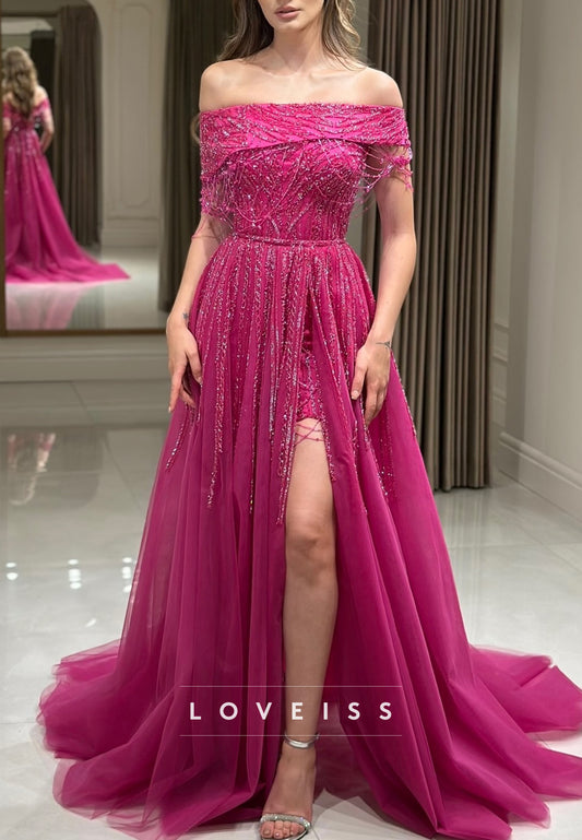 Off-Shoulder Sleeveless Beaded Embroidery Sparkly A-Line Evening Dress