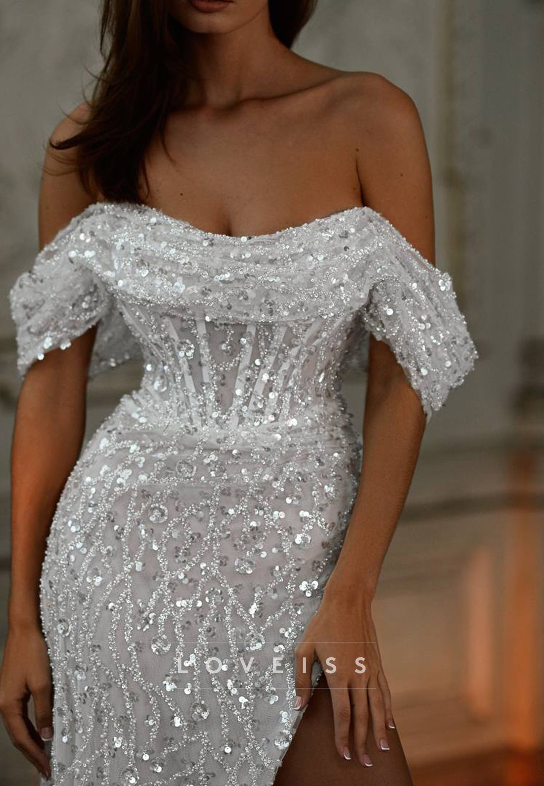 Off-Shoulder Sleeveless Beaded Embroidery Sparkly Beach Wedding Dress