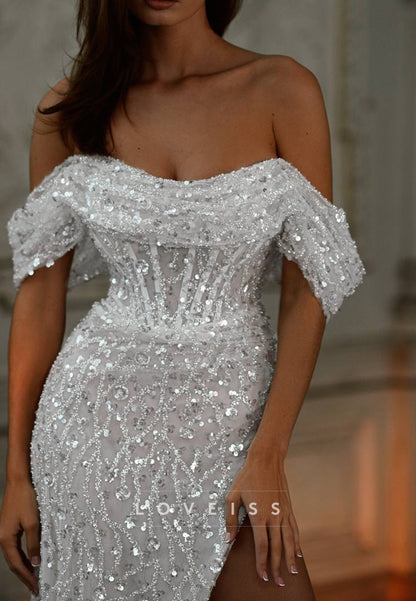 Off-Shoulder Sleeveless Beaded Embroidery Sparkly Beach Wedding Dress