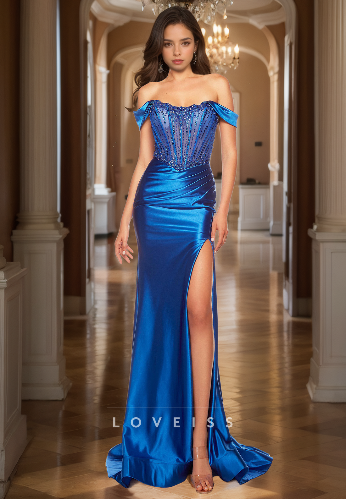 Off-Shoulder Sleeveless Beaded High Slit Bodycon Sheath Prom Dress