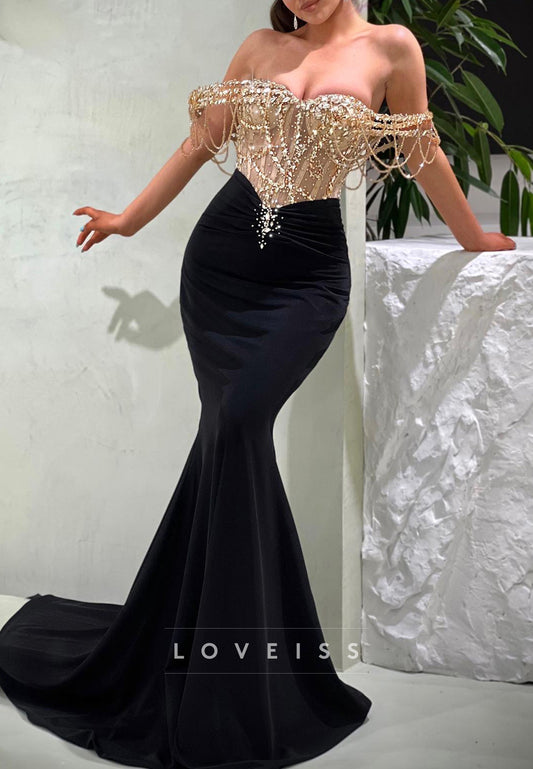 Off-Shoulder Sleeveless Beaded Mermaid Sparkly Prom Dress