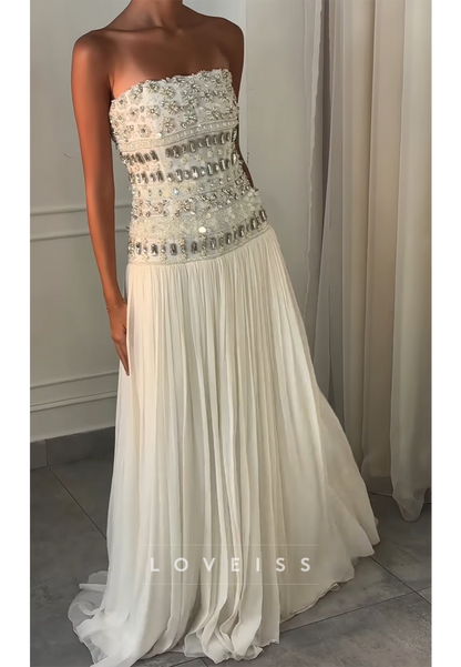 Off-Shoulder Sleeveless Beaded Pleated A-Line Prom Dress