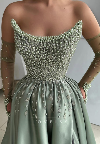 Off-Shoulder Sleeveless Beaded Pleated A-Line Prom Dress