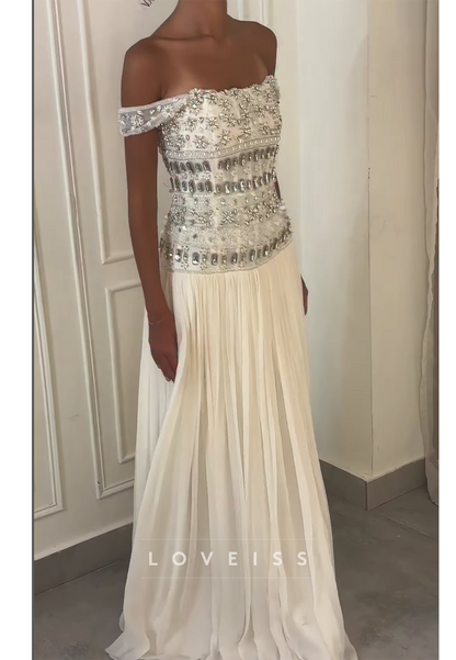 Off-Shoulder Sleeveless Beaded Pleated A-Line Prom Dress